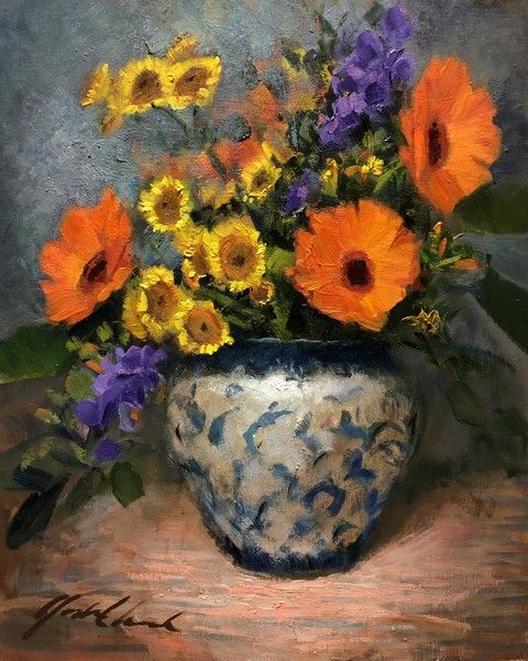 Daisies in Blue and White Vase 10x8  $400 at Hunter Wolff Gallery